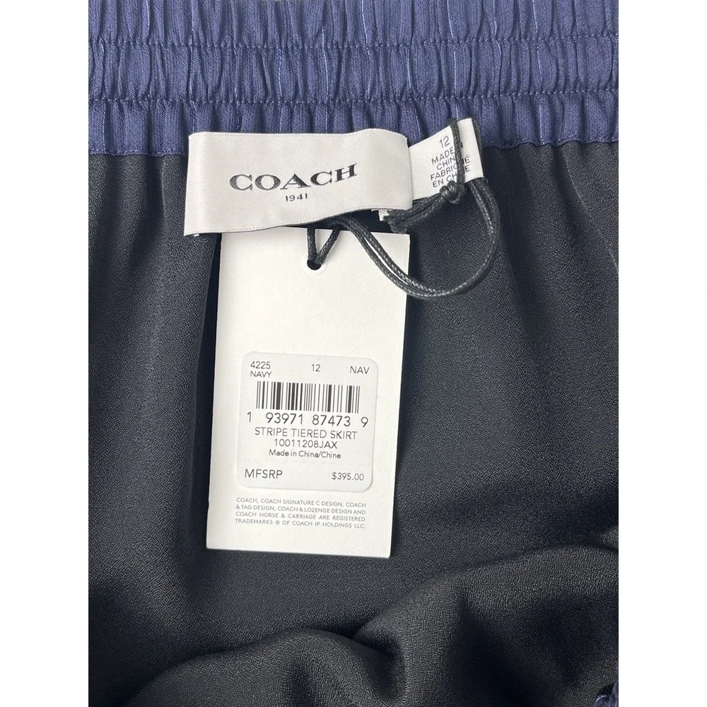 NWT Coach Stripe Tiered Skirt Sz 10 Navy Blue Midi Pinstripe Snap Preppy Coastal